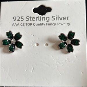 Sterling Silver Green Floral Earrings with AAA CZ
